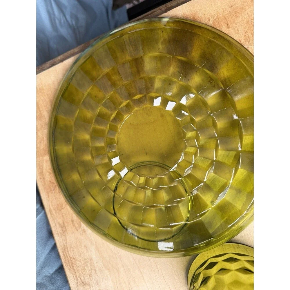 VTG Indiana Colony Glass Color Crown Green Thumbprint Snack  Plate w Cup 4 Sets